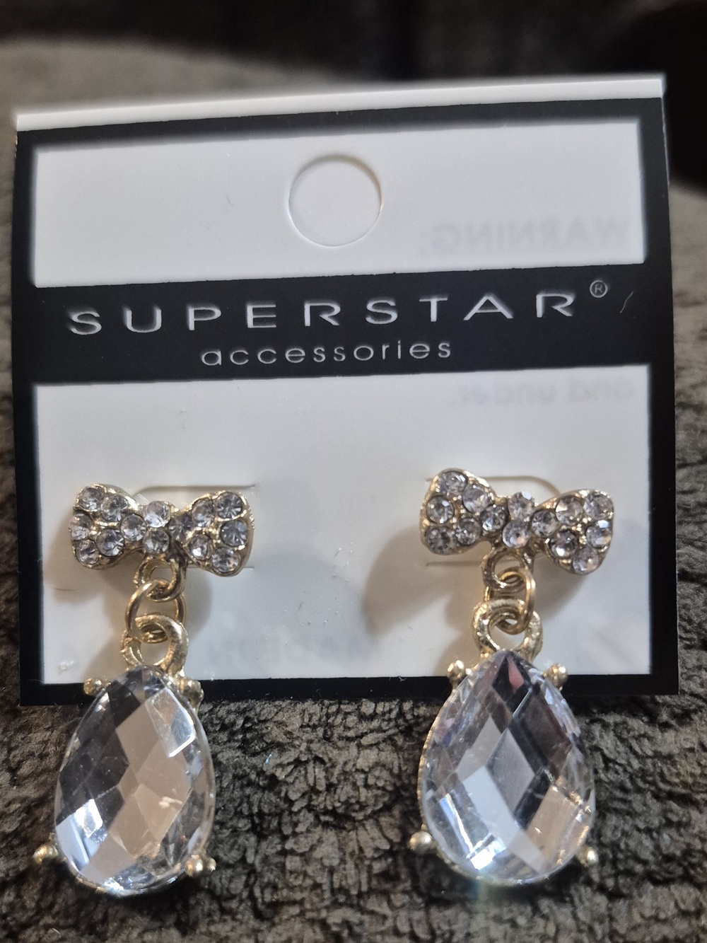 Superstar Gold Bow Drop Earrings with Clear Teardrop Crystals
